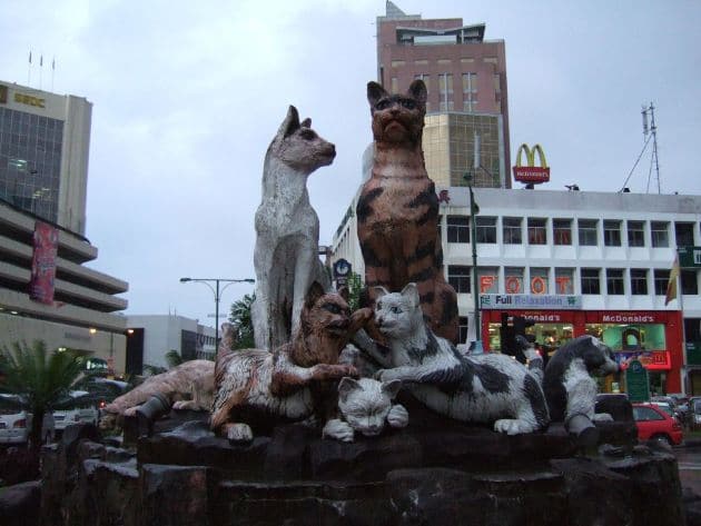Cat statues in Kuching city centre, front view
