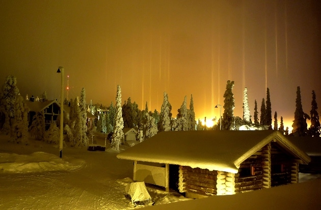 Light pillars on a ski slope