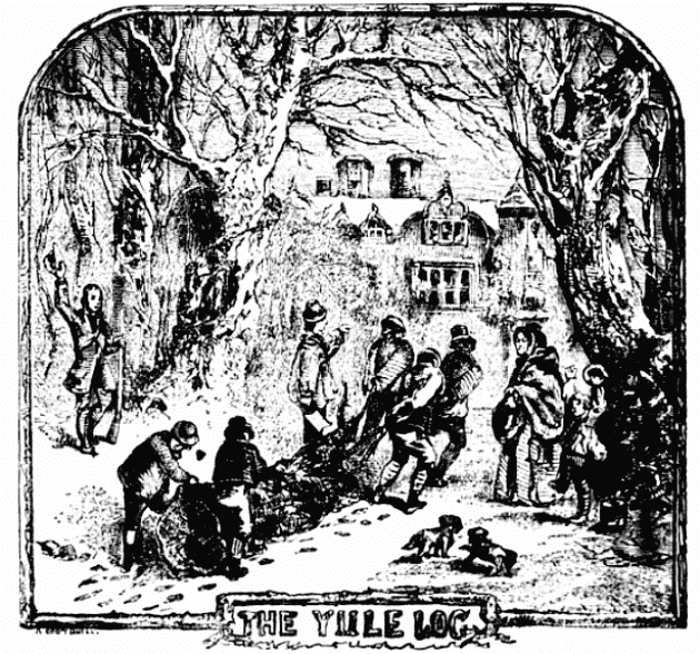 Old illustration of people collecting a Yule log