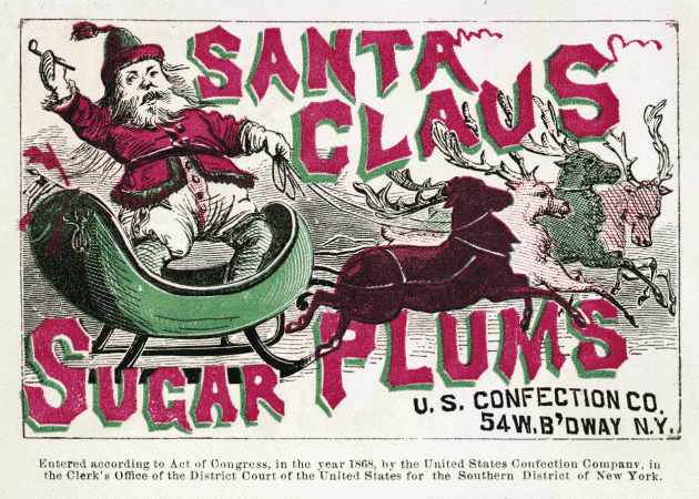 Label for Christmas sugar plums from 1868