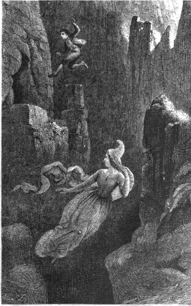An engraving of a man jumping after a woman (an elf) into a precipice