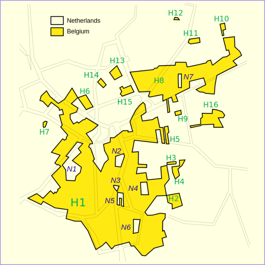 A map showing the border between Belgium and the Netherlands at Baarle-Hertog