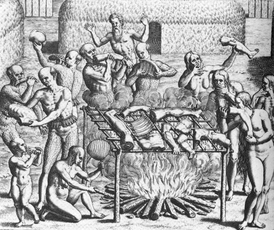An engraving of cannibalism in Brazil