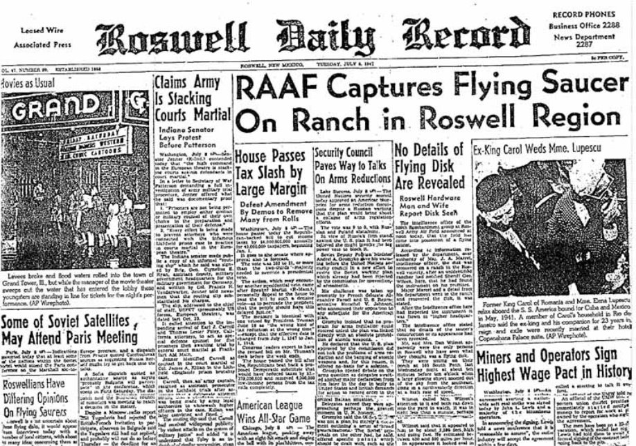 Roswell Daily Record reporting on the capture of the UFO