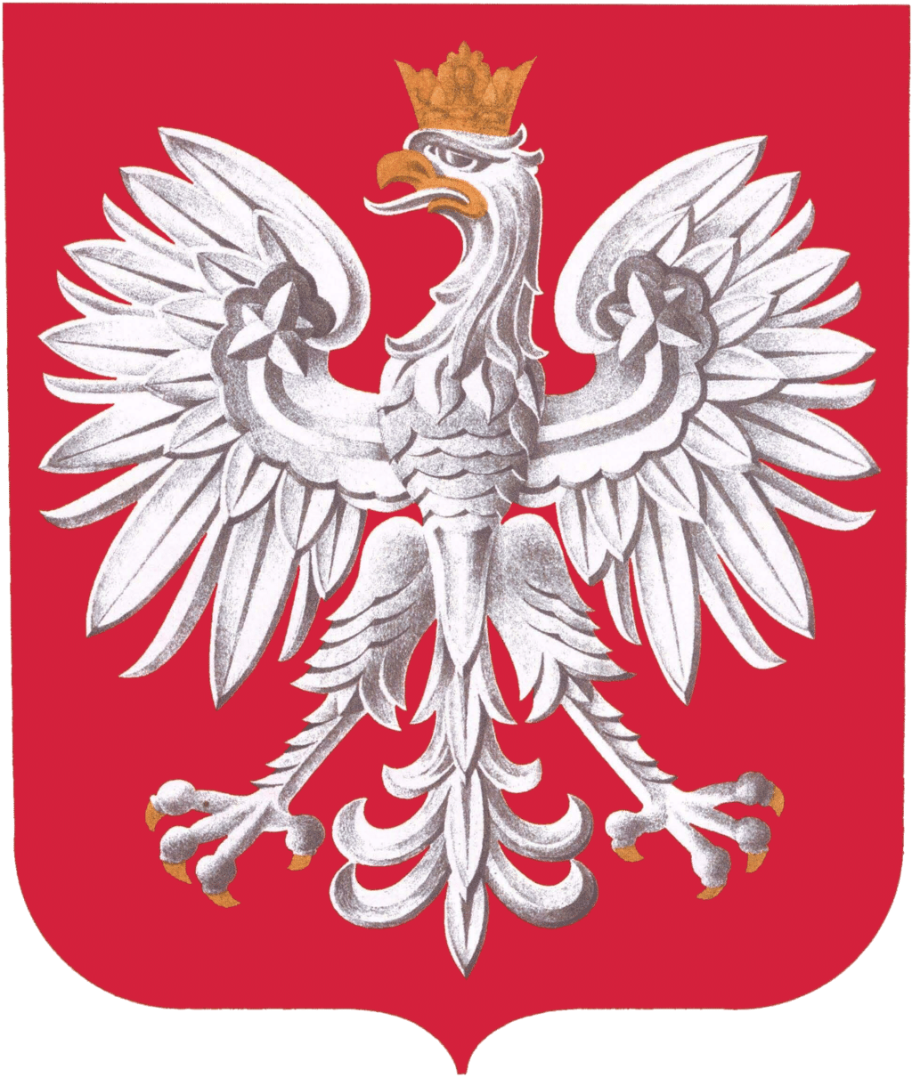 Coat of arms of Poland; a white eagle on a red background.