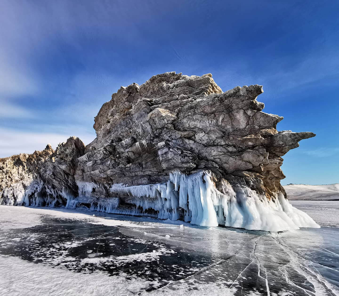 An incredible formation of ice and rock on the shores of Lake Baikal, Siberia