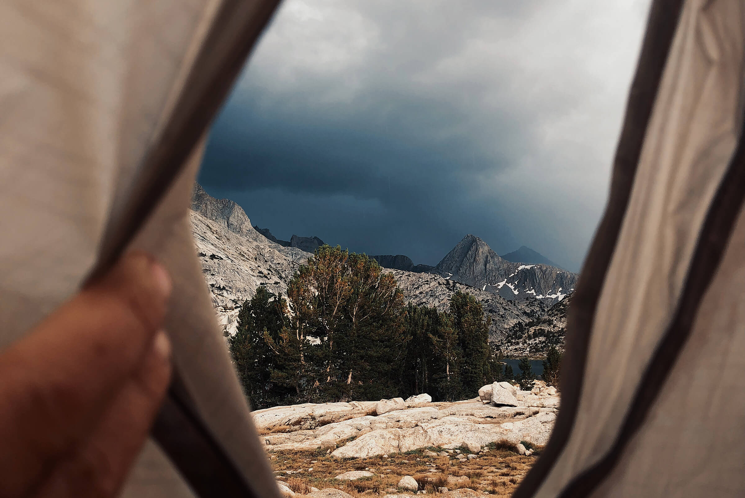 High Sierra PCT watching the storm roll in from my tent