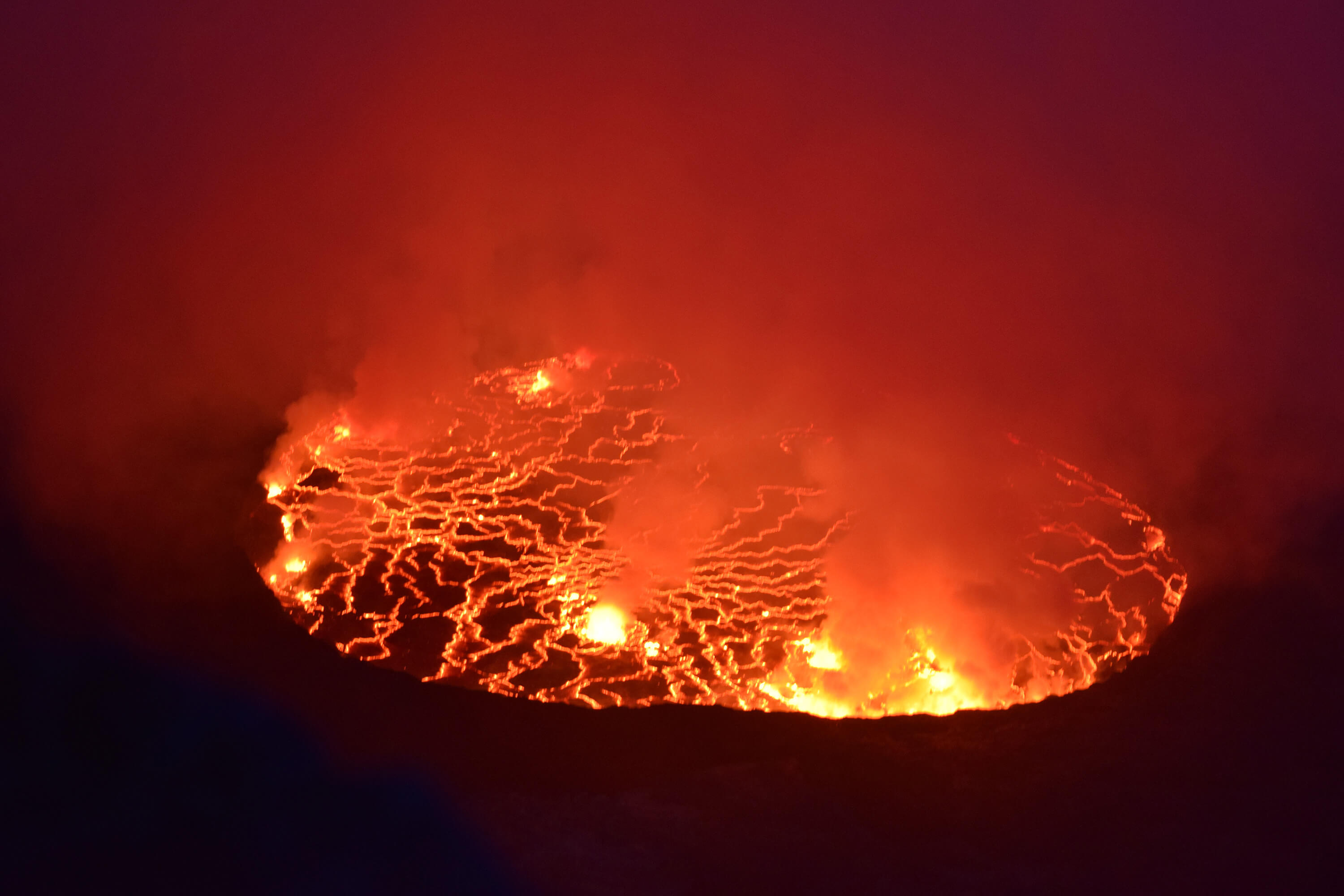 Looking down into the world's largest lava lake, Mount Nyiragongo, D.R. Congo