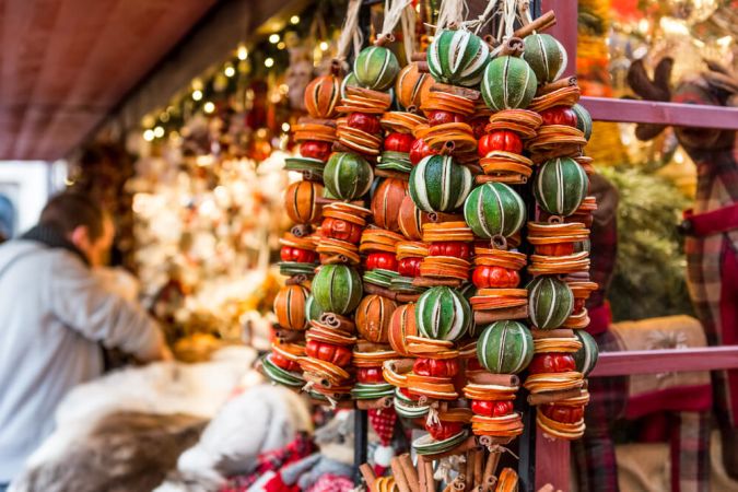 Picture shows dried fruits at a Christmas Market in London, UK.
